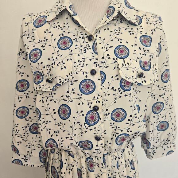 Vintage Breli 80s Secretary Shirt Dress Printed Pleated Midi Skirt Women 10 - Picture 4 of 13